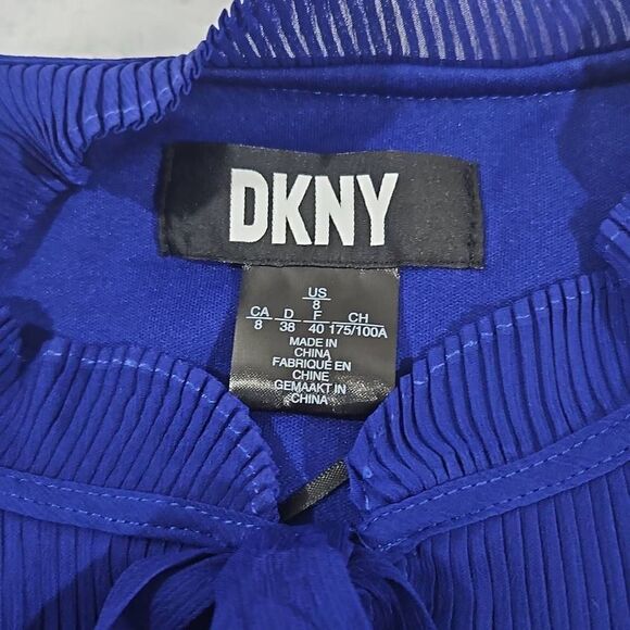 DKNY Blue Stretch Pleated Sleeveless Tie Neck Short Evening Shift Dress Womens S - Picture 8 of 13